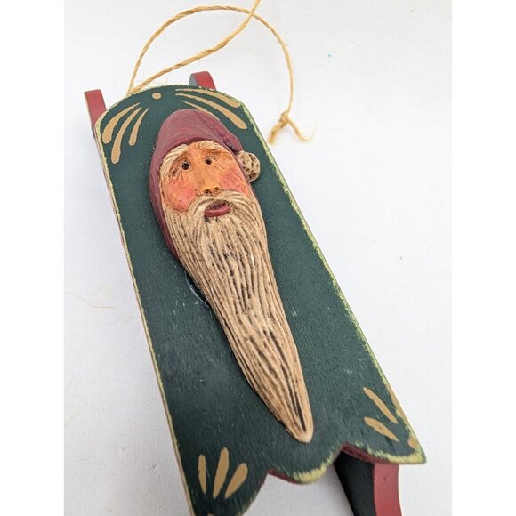 Ornament sled Santa Claus Folk Art Wood  5" - Picture 3 of 10
